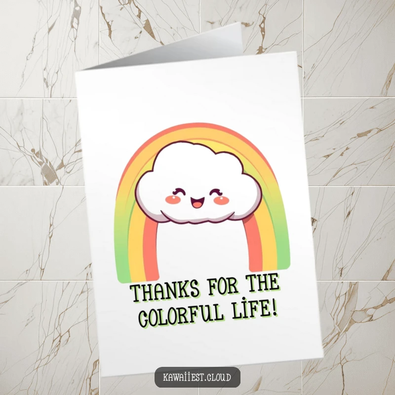 Funny Free Printable Thank You Card: Delighted cloud character making a vibrant rainbow arch.