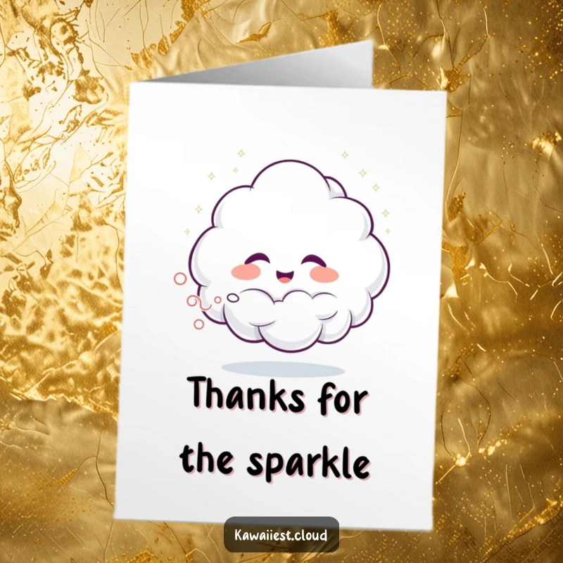 Funny free printable thank you card with a giggling cloud character spraying glittering mist.