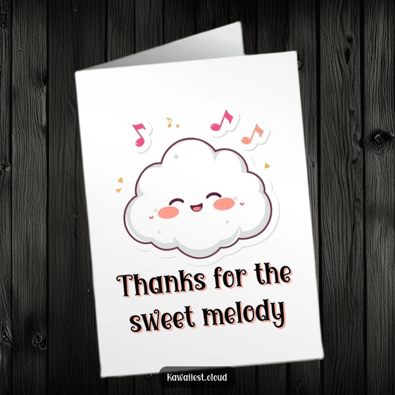 Funny Free Printable Thank You Card: A giggling cloud character with tiny, dancing musical notes floating merrily around it.