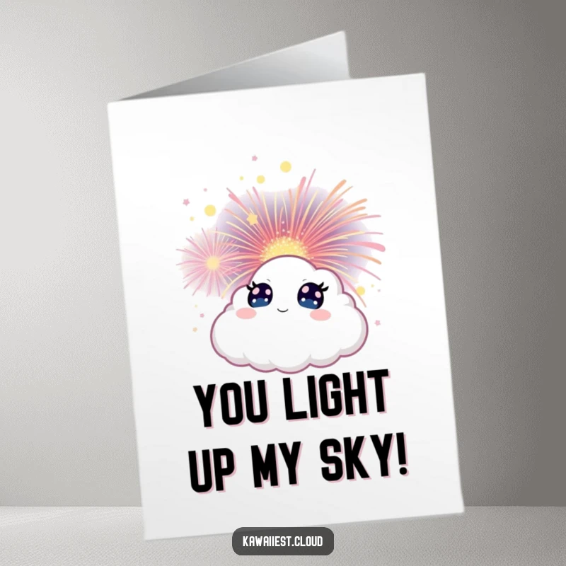 Funny Free Printable Thank You Card. A cloud character with wide eyes gazes at a magical firework bloom, expressing wonder and thanks.
