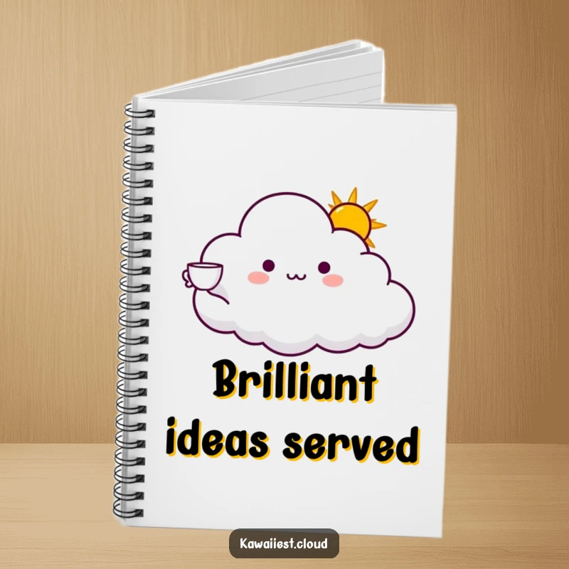 Funny notebook cover featuring a cloud character offering a cup of sunshine with an outstretched arm. Ideal for notes.