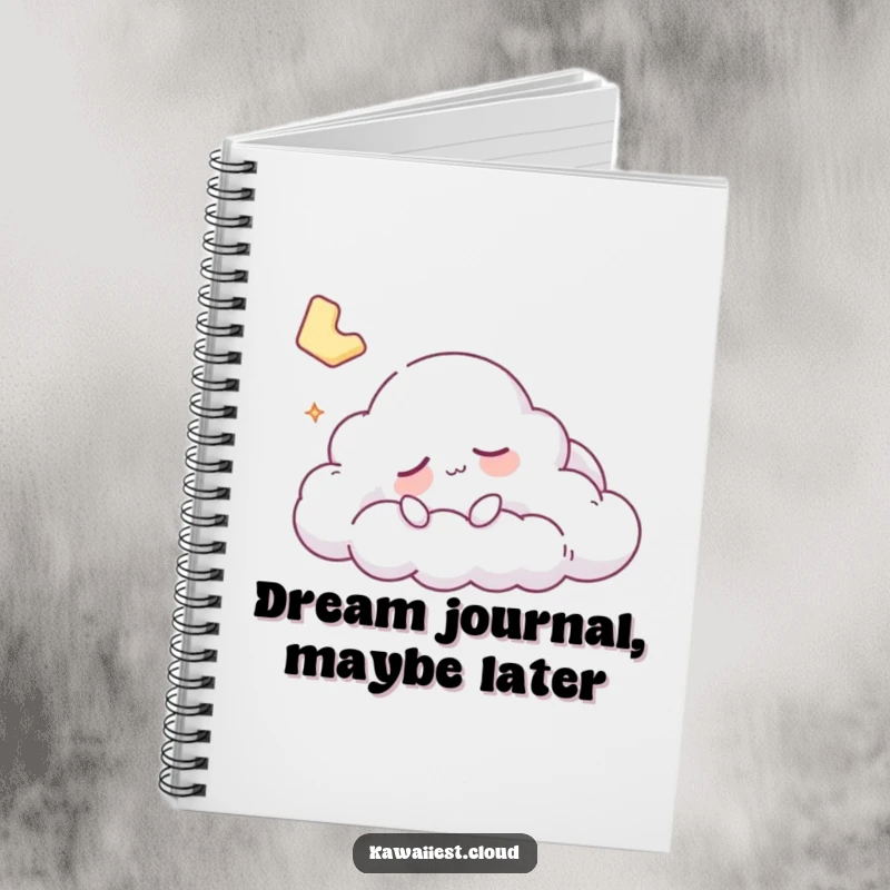 Funny sleepy cloud character resting on a notebook, perfect for jotting down thoughts and dreams.