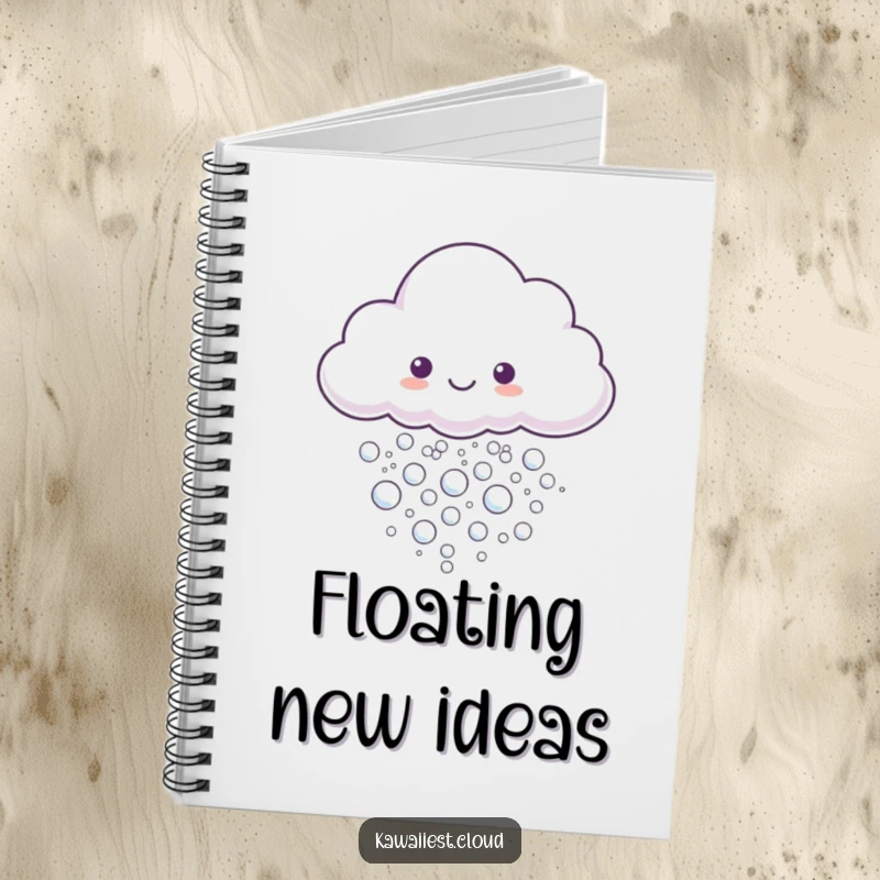Funny Notebook cover featuring a cloud character gently exhaling a stream of tiny, shimmering, iridescent bubbles.