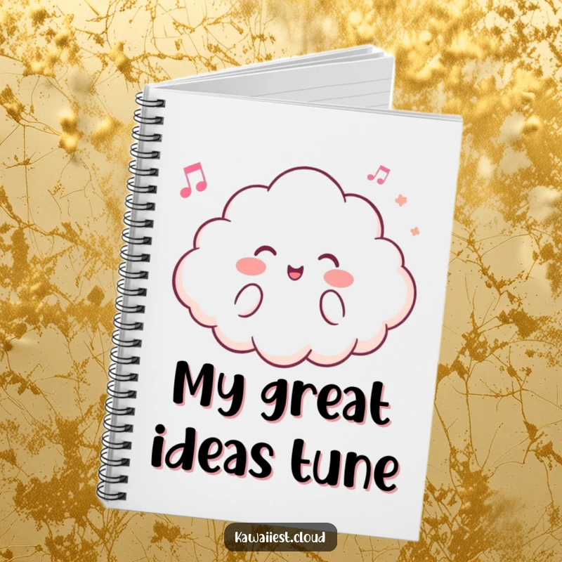 Funny notebook cover featuring a happy cloud character humming a tune, ideal for jotting down ideas and songs.
