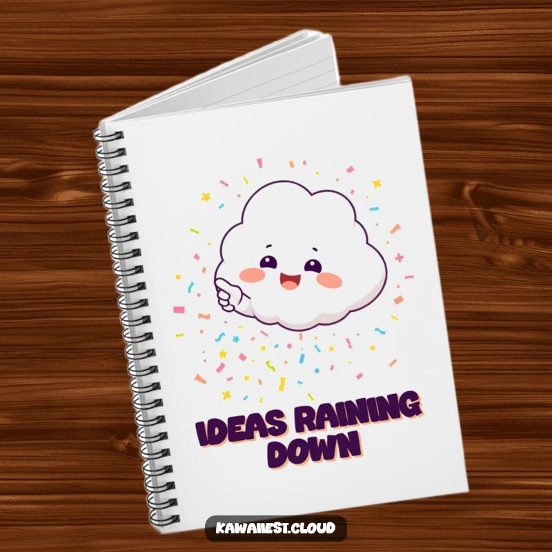 Funny notebook featuring an excited cloud character enthusiastically pointing at a festive, falling rain of cheerful confetti.