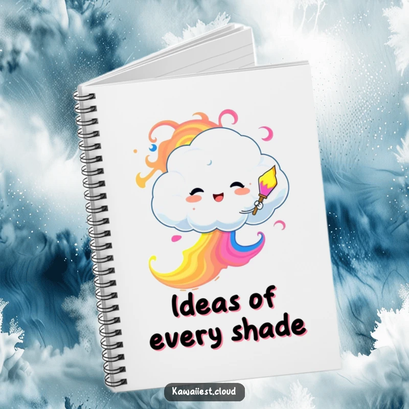 Funny Notebook cover displaying a cloud character artistically painting the sky with vibrant, swirling colors.