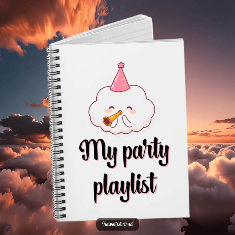 Funny Notebook cover with a cloud character wearing a party hat and playing a tiny trumpet, ready for celebration.