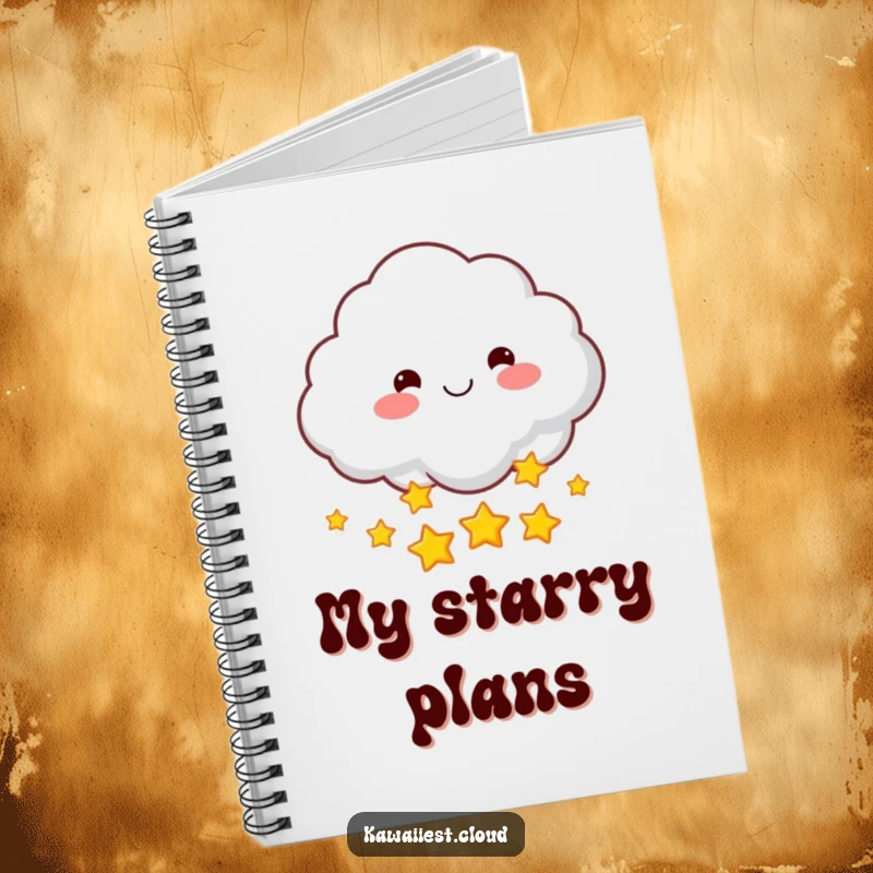 Funny notebook cover featuring a rosy-cheeked cloud character smiling and throwing a handful of sparkling stars. Ideal for notes.