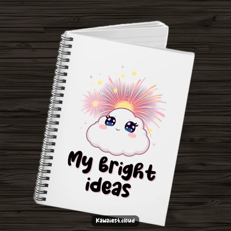 Funny Cloud Notebook featuring a character with wide eyes, watching a magical firework bloom, perfect for note-taking.