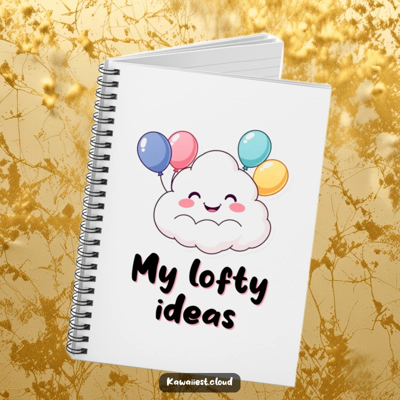 Funny notebook with a happy cloud character's wide grin and balloons on the cover. Ideal for notes and ideas.