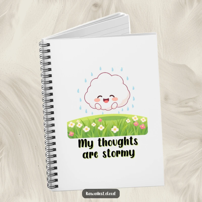Funny Notebook: Joyful fluffy cloud character showering a field with gentle rain, ideal for notes and creative ideas.