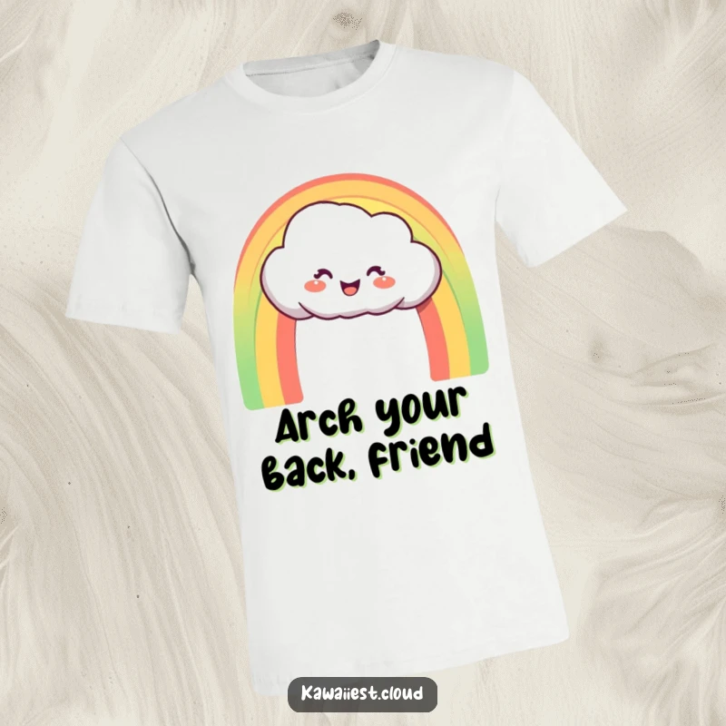 Funny T-Shirt: A delighted cloud character creating a perfect, vibrant rainbow arch, spreading colorful cheer.