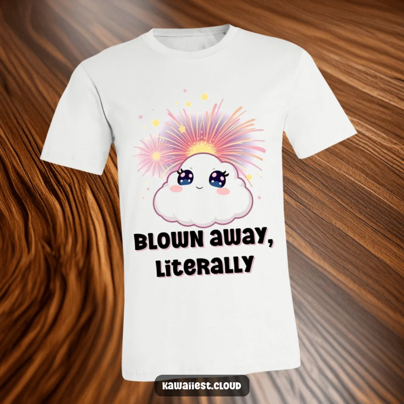 Funny Cloud T-Shirt with a character exhibiting wide-eyed astonishment while watching a magical firework bloom.