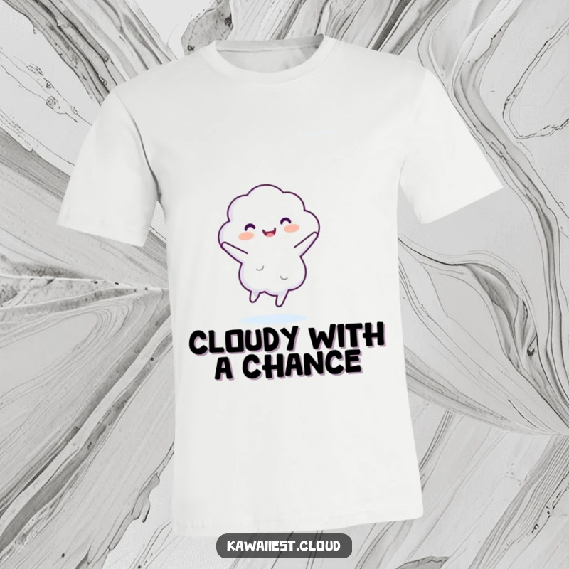 Funny T-Shirt showing a white, fluffy cloud character doing a joyful dance in a blue sky, expressing pure elation.