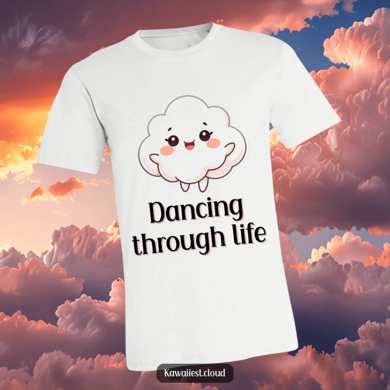 Funny t-shirt with a cloud character dancing joyfully with eyes closed, caught in a gentle breeze. Lighthearted and humorous.