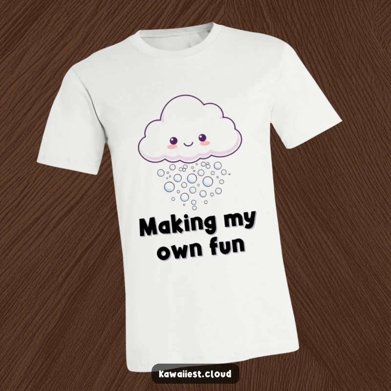 Funny T-Shirt showing a cheerful cloud character exhaling a stream of tiny, sparkling, shimmering bubbles.