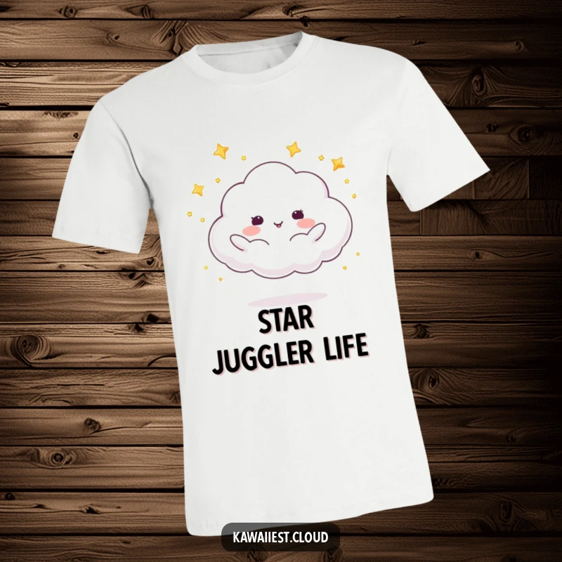 Funny T-Shirt showing a cloud character in a playful pose, juggling tiny, glowing stars, creating a sense of wonder.