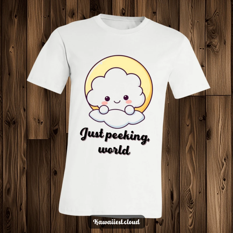 Funny t-shirt showcasing a joyful cloud character playfully peeking from behind a moon, radiating happiness and surprise.