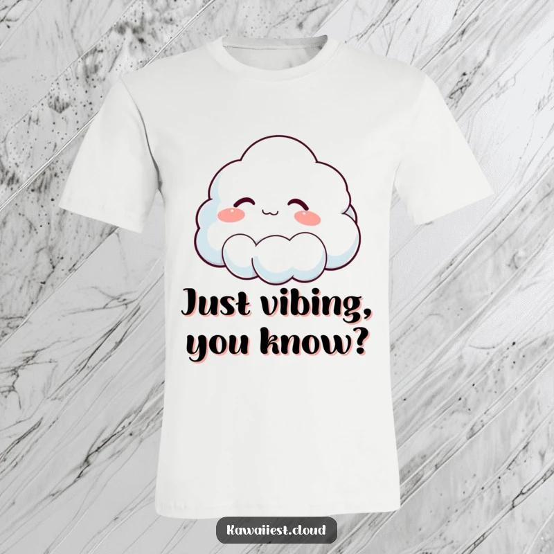 Funny t-shirt depicting a cloud character in a blissful, contented sigh, radiating tranquility and a laid-back attitude.
