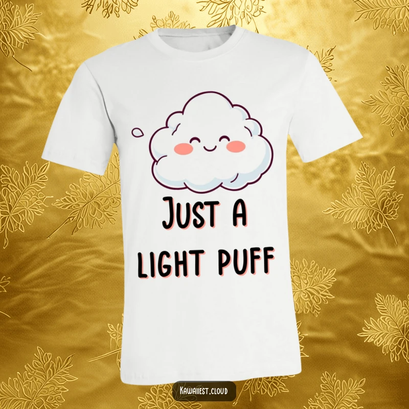 Funny T-Shirt depicting a contented cloud character exhaling a soft, multi-colored breeze, creating a soothing visual.