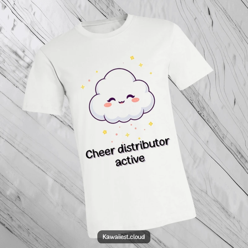 Funny T-Shirt depicting a cloud character with a mischievous twinkle, playfully dropping tiny, sparkling confetti.