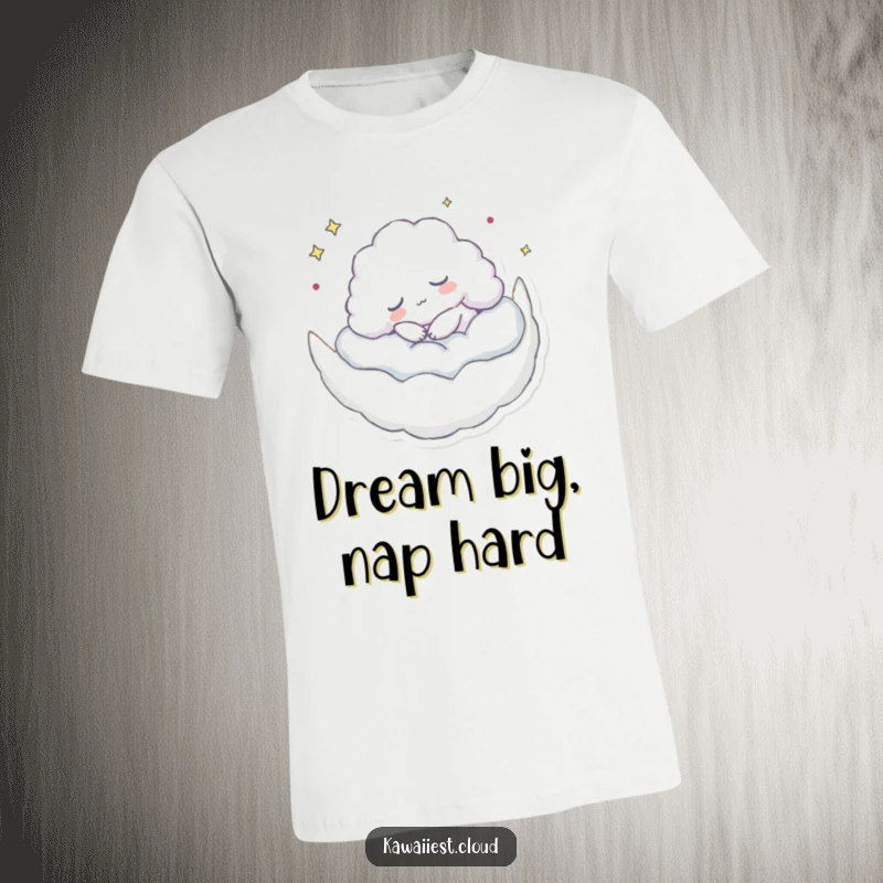 Funny t-shirt featuring a sleeping cloud character napping cozily on a crescent moon, embodying peaceful rest and humor.
