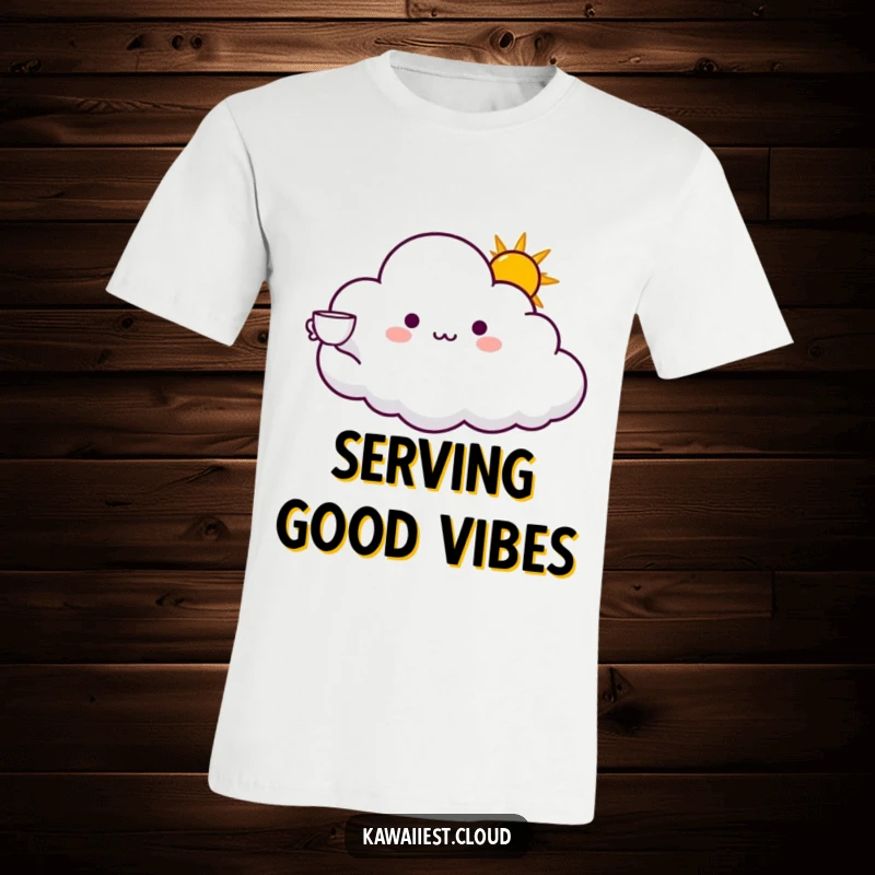 Funny t-shirt with a cloud character extending an arm to offer a cup of glowing sunshine. Optimistic and humorous.