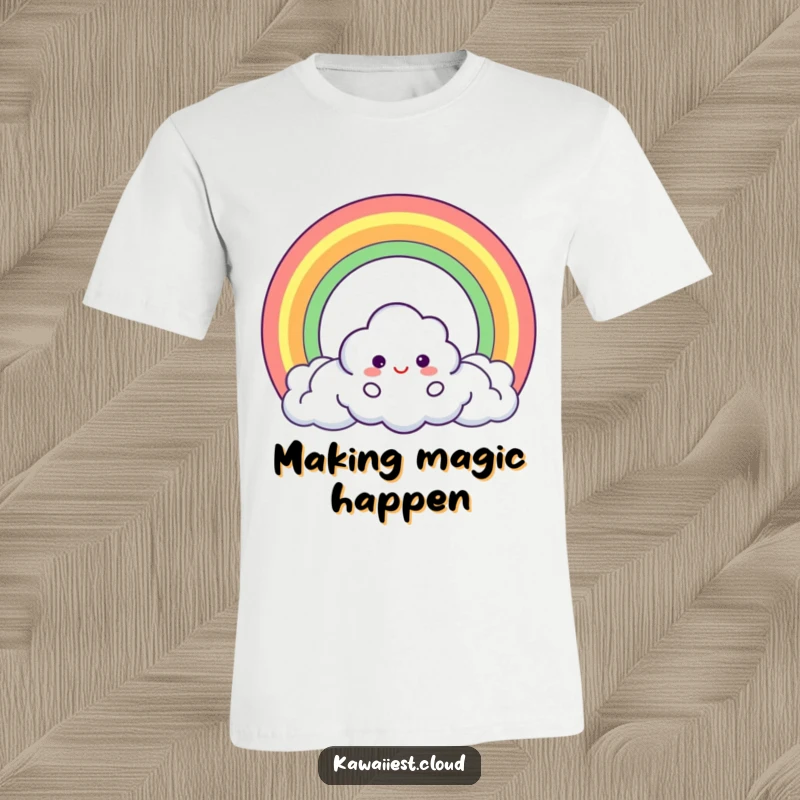 Funny T-Shirt showcasing a whimsical cloud character conjuring a perfect, unbroken circle rainbow, a symbol of wonder.