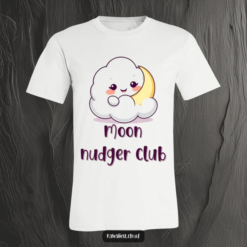 Funny Cloud Moon Nudge T-Shirt: A playful cloud character gently nudges a crescent moon, depicting a sweet and humorous celestial interaction.