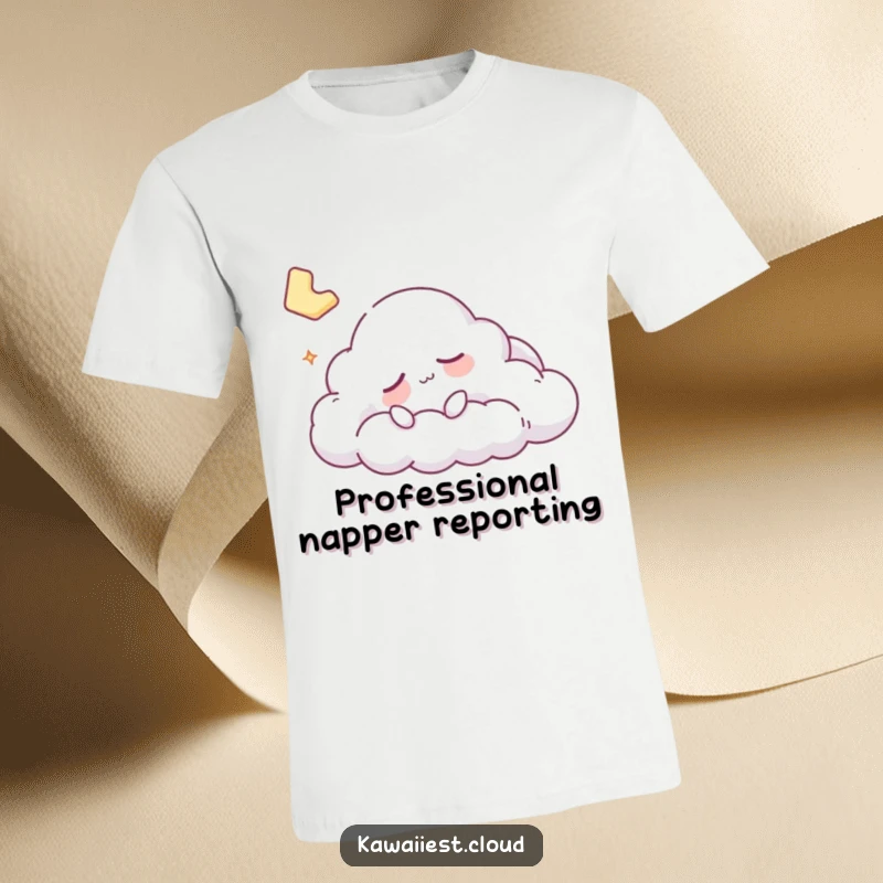 Funny sleepy cloud character drifting peacefully, embodying comfort and laziness on a soft t-shirt.