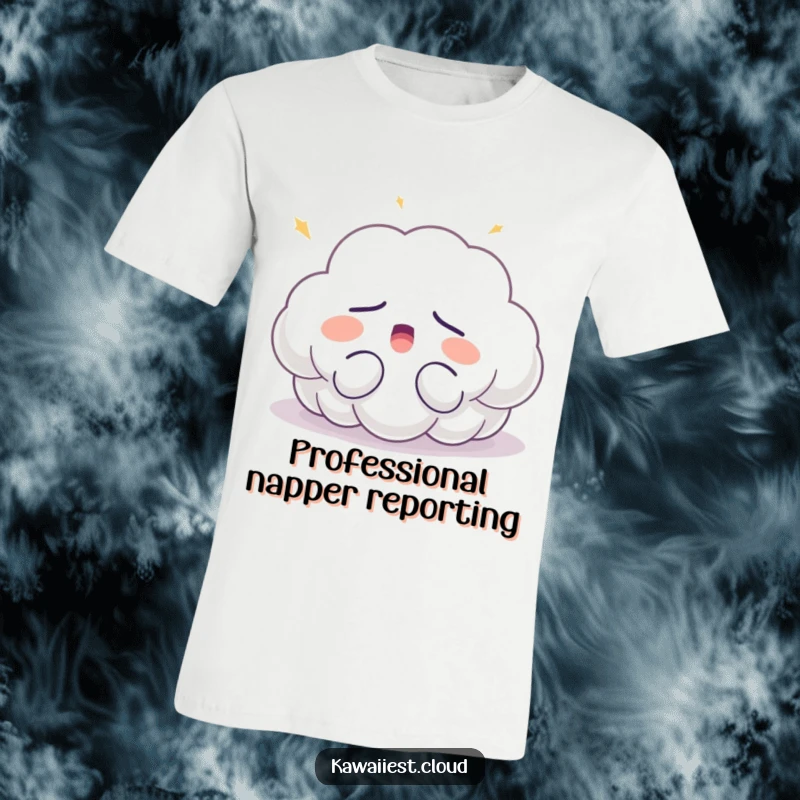 Funny sleepy cloud t-shirt character yawning with closed eyes, soft light glow, embodying ultimate comfort and a laid-back, sleepy demeanor.