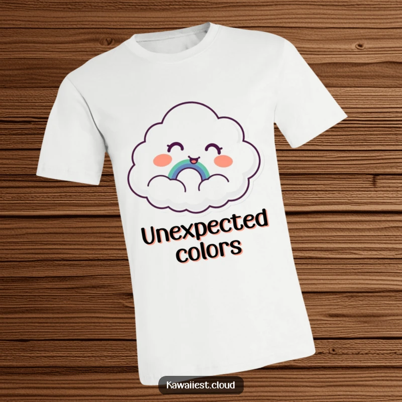 Funny Cloud T-Shirt: A cloud character expresses surprised delight upon discovering a small, smiling rainbow, showcasing pure joy.