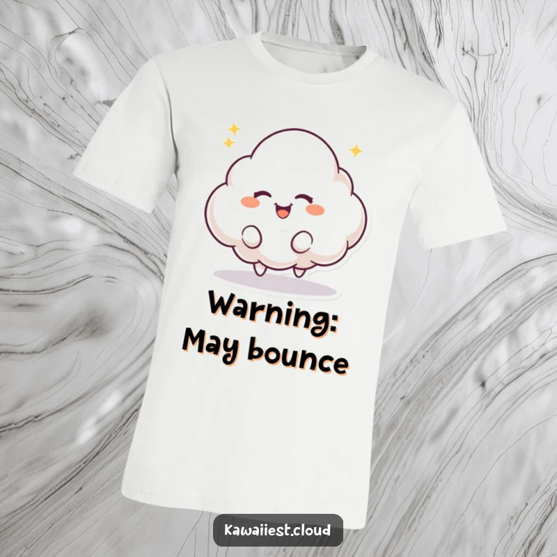 Funny t-shirt with a cloud character bouncing excitedly, sporting a mischievous twinkle in its eyes. Playful and humorous.