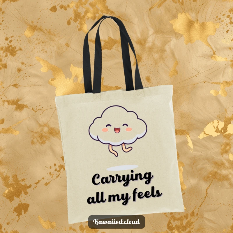 Funny Tote Bag printed with a cheerful cloud character joyfully kicking its legs, ready for adventure and spreading smiles.