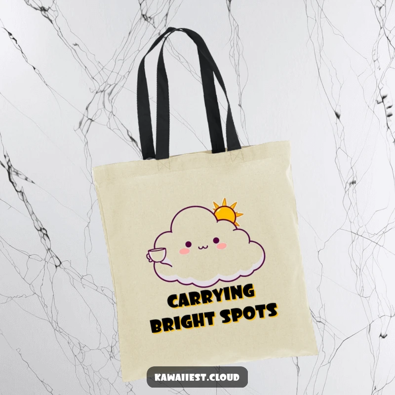 Funny tote bag depicting a cloud character offering a cup of bright sunshine with an outstretched arm. Practical and cheerful.