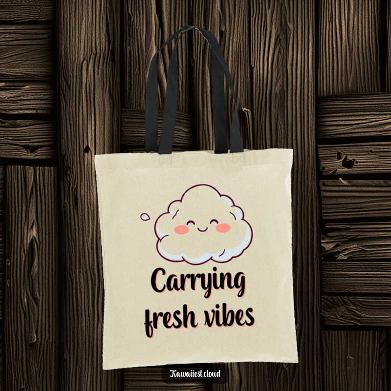 Funny tote bag with a smiling cloud character gently blowing a soft, colorful breeze, ideal for carrying daily necessities.