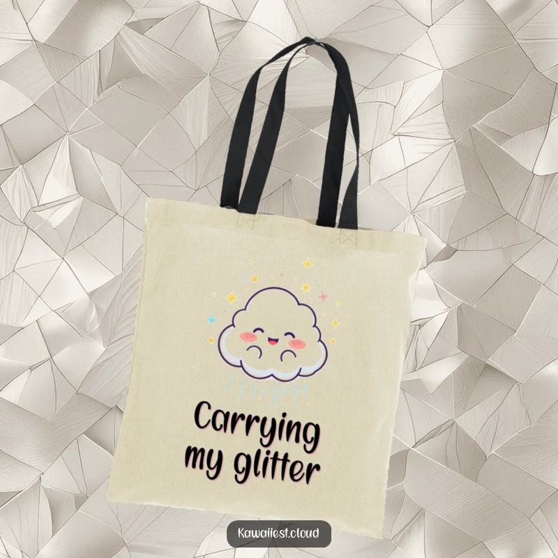 Funny Joyful Cloud Rain Tote Bag: A delightful tote featuring a joyful cloud character showering glittery rain, perfect for carrying essentials.