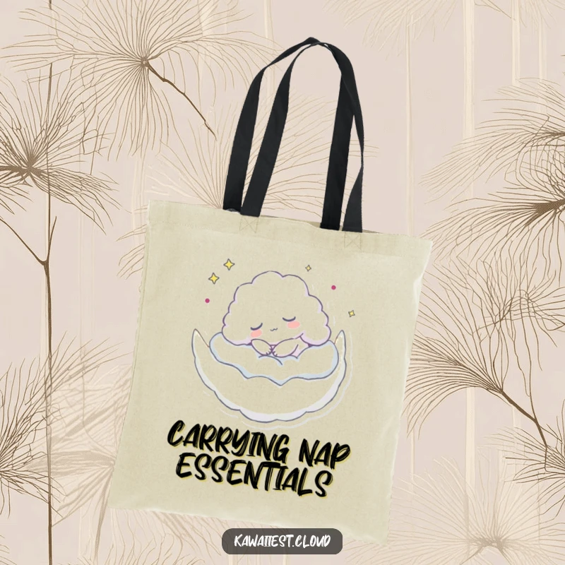 Funny tote bag featuring a cloud character peacefully napping on a crescent moon, perfect for carrying essentials and serenity.