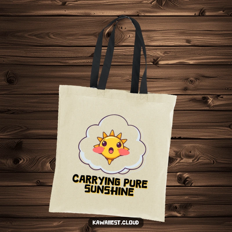 Funny Surprised Cloud Tote Bag: A tote bag depicting a surprised cloud character with a cute, smiling sun emerging from it.