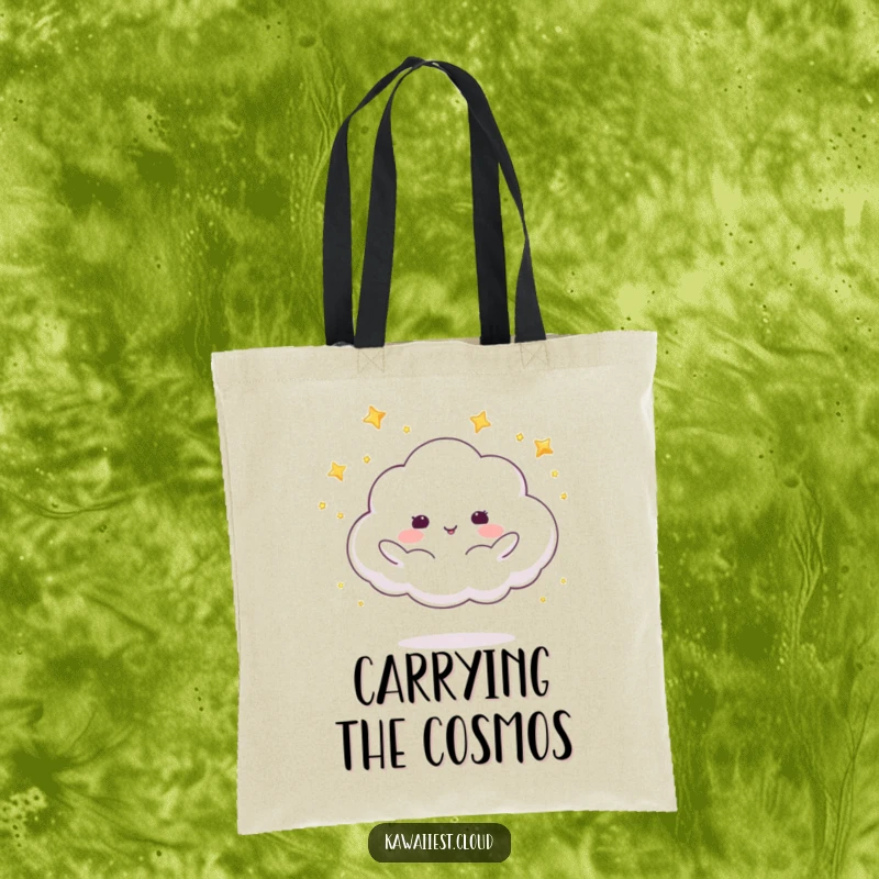 Funny tote bag featuring a cloud character juggling shimmering stars, adding a touch of celestial wonder to everyday tasks.