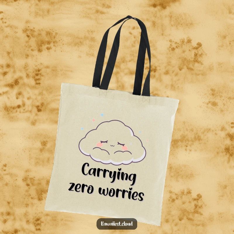 Funny Dreaming Cloud Tote Bag: A peaceful cloud character with closed eyes drifts across the sky, ideal for carrying items with a relaxed feel.