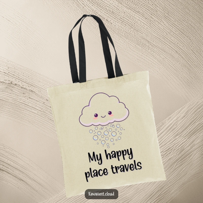 Funny Tote Bag printed with a cheerful cloud exhaling a stream of tiny, shimmering, iridescent bubbles.