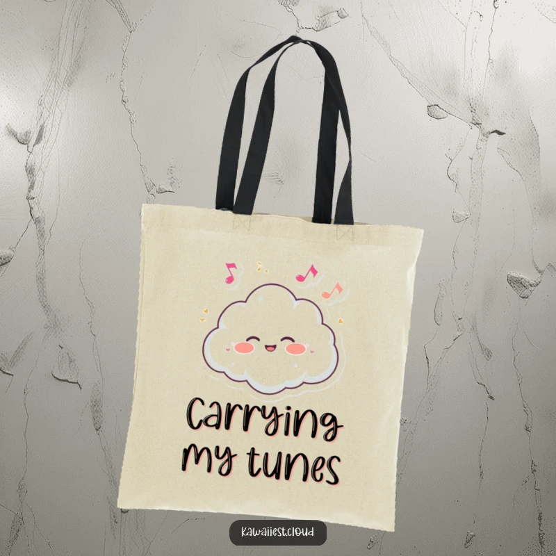 Funny tote bag illustrating a cloud character giggling joyfully surrounded by tiny, dancing musical notes.
