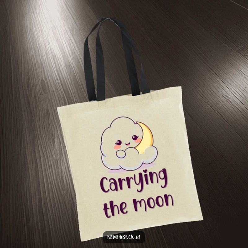 Funny Cloud Moon Nudge Tote Bag: A playful cloud character gently nudges a crescent moon, making it a charming accessory for carrying essentials.