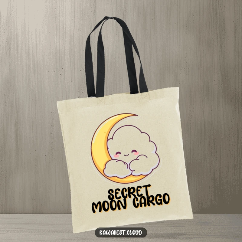 Funny Cloud Tote Bag featuring a mischievous character playfully hiding behind a crescent moon, perfect for daily use.