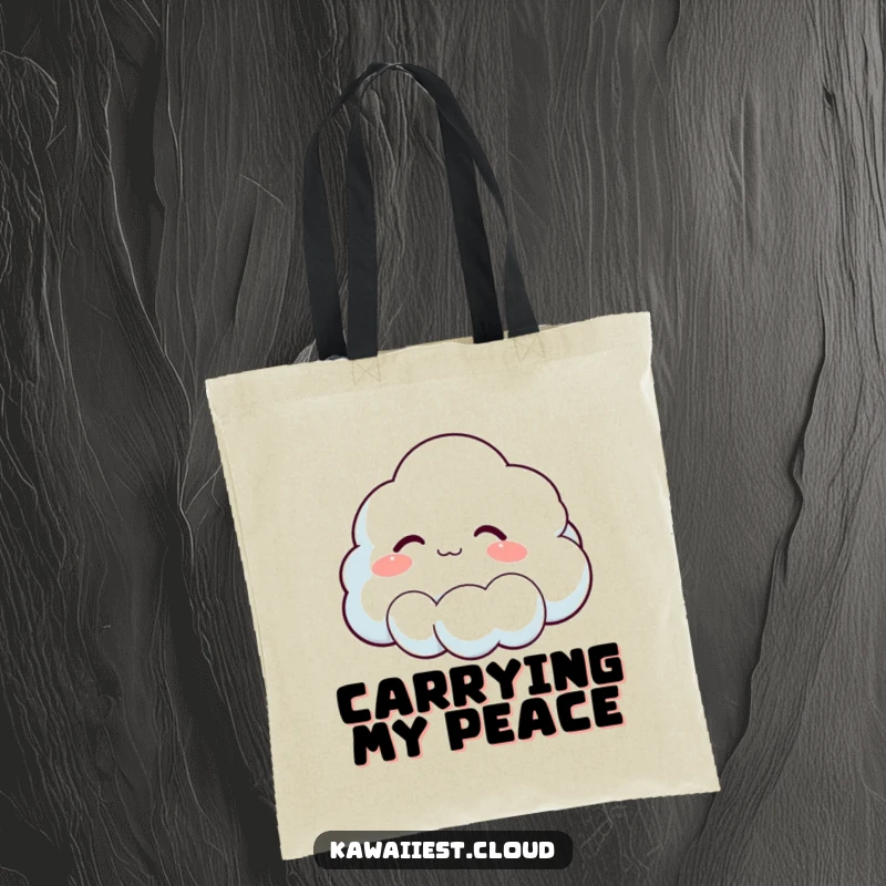 Funny tote bag with a cloud character sighing contentedly, ideal for shoppers seeking a humorous and practical accessory.