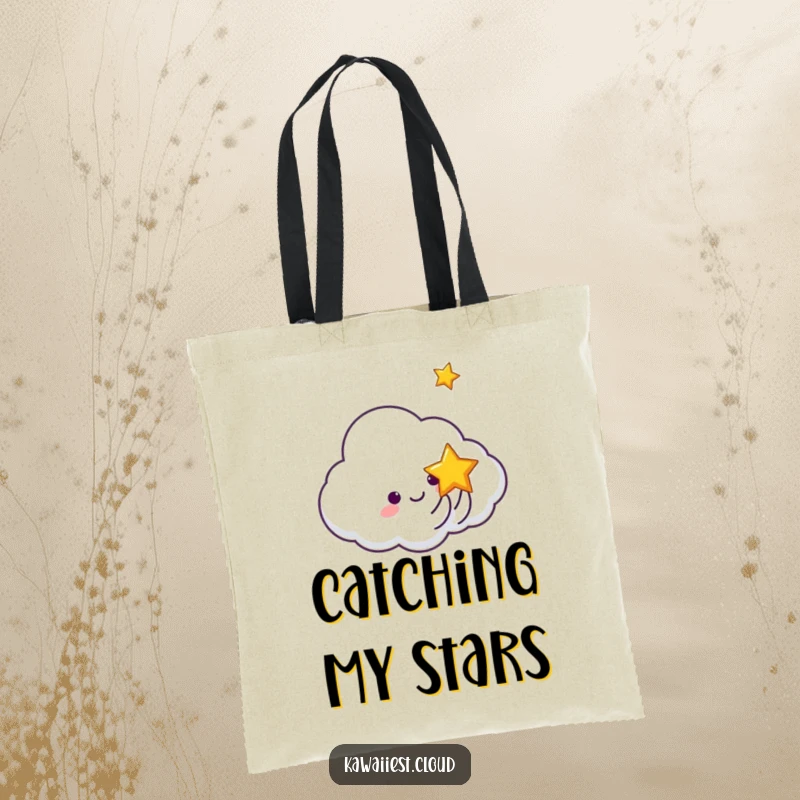 Funny tote bag illustrating a cloud character joyfully tossing a miniature, smiling star into the air.