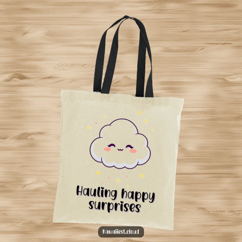Funny Tote Bag showcasing a mischievous cloud character scattering sparkling confetti with a playful wink.