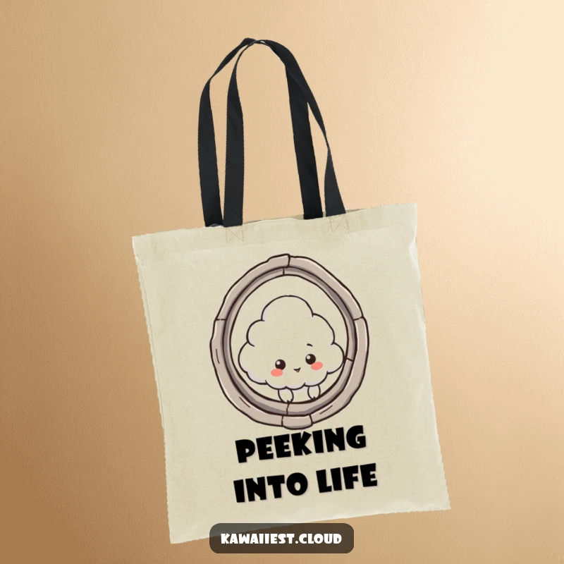 Funny tote bag with a cloud character peeking through a keyhole, perfect for carrying belongings with a playful sense of discovery.