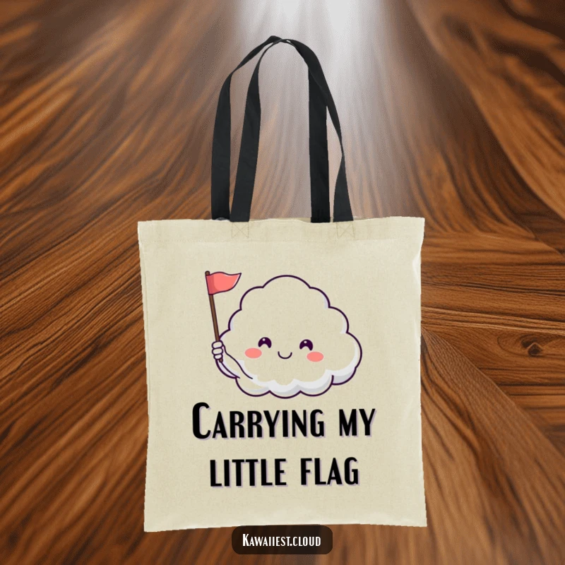 Funny tote bag featuring a happy cloud character waving a tiny flag, perfect for carrying daily essentials and good vibes.